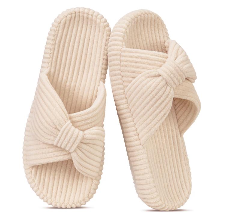 Ecetana House Slippers for Women Corduroy Cross Band Memory Foam Slippers Open Toe Non-Slip Home Shoes