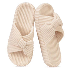 Ecetana House Slippers for Women Corduroy Cross Band Memory Foam Slippers Open Toe Non-Slip Home Shoes
