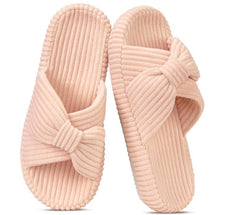 Ecetana House Slippers for Women Corduroy Cross Band Memory Foam Slippers Open Toe Non-Slip Home Shoes