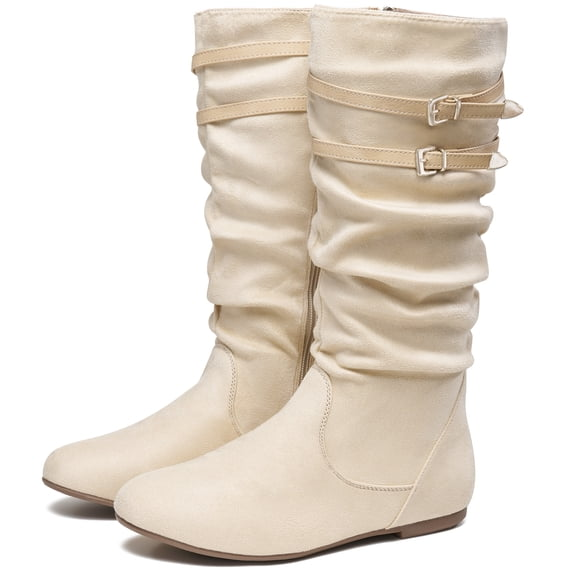 Ecetana Women's Slouchy Knee-High Boots with Flat Heel and Side Zipper