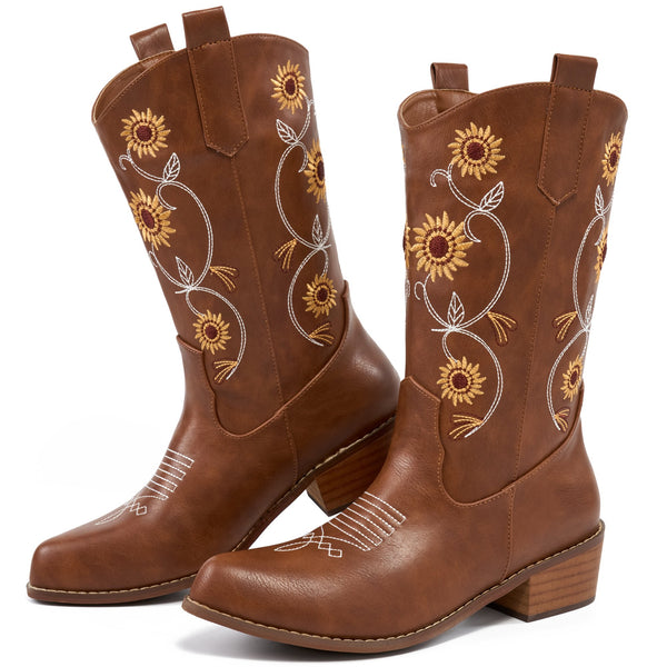 Ecetana Women's Western Cowboy Boots Sunflower Embroidered Mid-Calf Pointed Toe Chunky Heel Cowgirl Boot