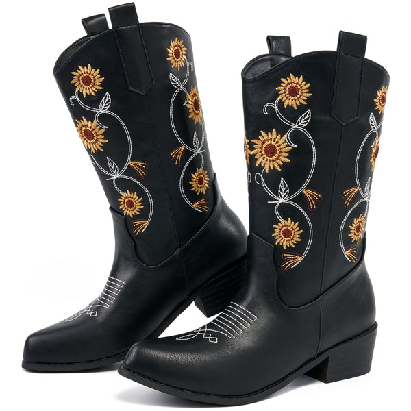 Ecetana Women's Western Cowboy Boots Sunflower Embroidered Mid-Calf Pointed Toe Chunky Heel Cowgirl Boot