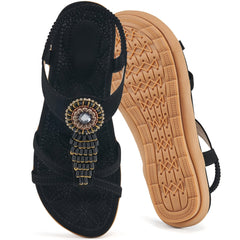 Ecetana Flat Sandals for Women Dressy Bohemian Sandals Comfort Elastic Strap Summer Beach Sandals