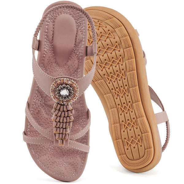 Ecetana Flat Sandals for Women Dressy Bohemian Sandals Comfort Elastic Strap Summer Beach Sandals