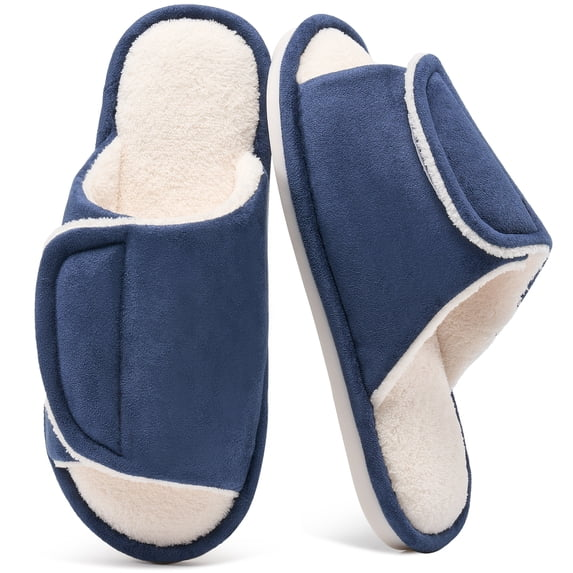 Ecetana Men's Fuzzy Slippers Open Toe Adjustable Memory Foam Plush Lined Indoor House Shoes