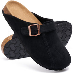 Ecetana Womens Suede Clogs Comfort Slip-On Mules with Adjustable Buckle Strap Indoor Outdoor Sandals