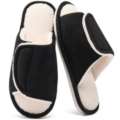 Ecetana Men's Fuzzy Slippers Open Toe Adjustable Memory Foam Plush Lined Indoor House Shoes