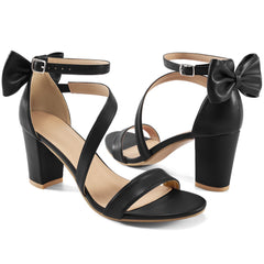 Ecetana Women's High Heel Sandals with Bow Strappy Chunky Heel Dress Shoes for Party Wedding