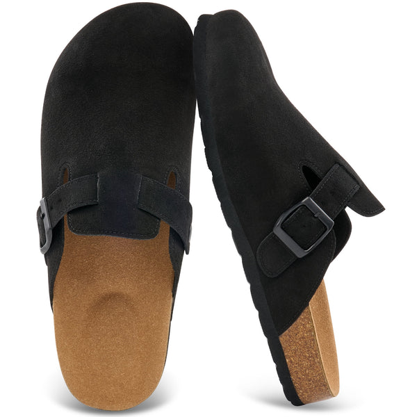 Ecetana Suede Clogs for Men Leather Mules Soft Potato Shoes Slip On Sandals with Arch Support & Adjustable Buckle