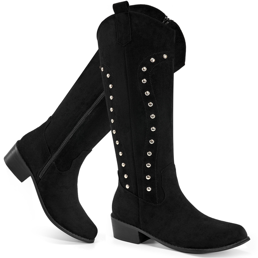 Ecetana Cowboy Boots for Women Western Booties Wide Calf Rivet Chunky Heel Boots