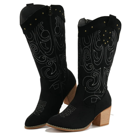 Ecetana Cowboy Boots For Women Mid Calf Cowgirl Boots Embroidered Western Boots With Chunky Heel