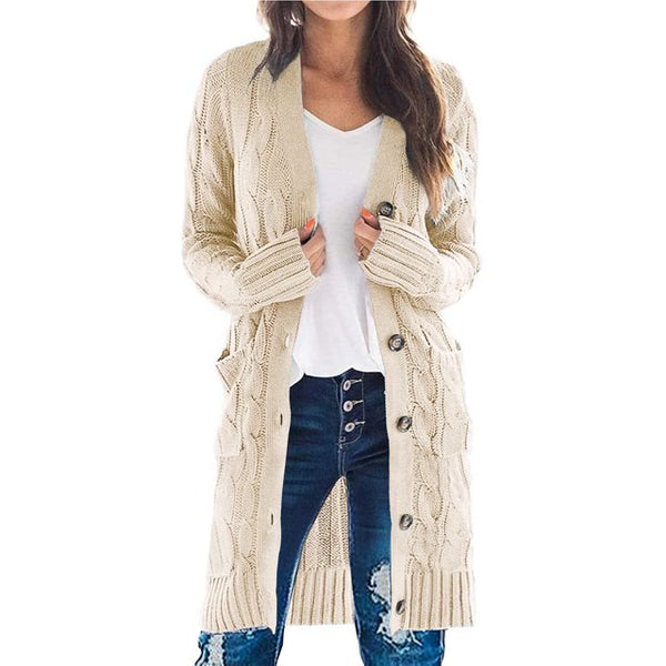 HARENC Womens Long Sleeve Cable Knit Long Cardigan Open Front Button Sweater Outerwear with Pockets