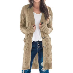 HARENC Womens Long Sleeve Cable Knit Long Cardigan Open Front Button Sweater Outerwear with Pockets