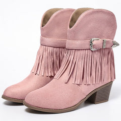Ecetana Cowboy Boots for Women Mid Calf Cowgirl Boots with Fringe Round Toe Western Boot Chunky Low Heel Shoes