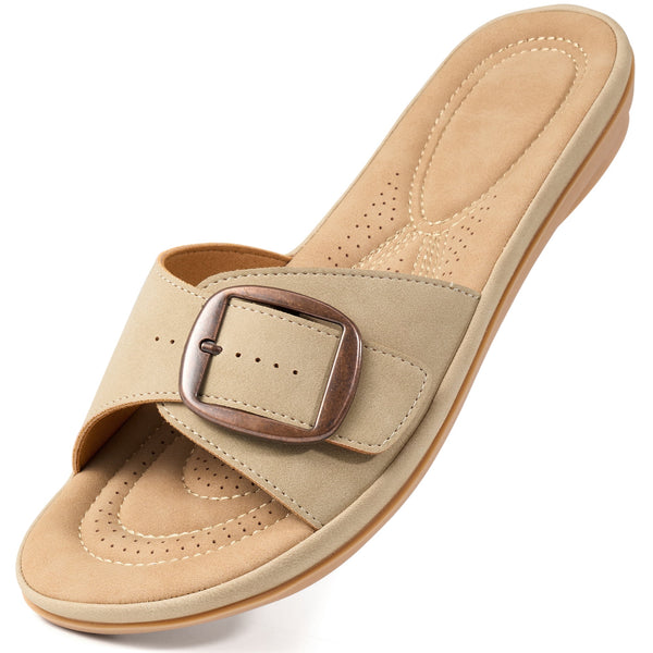 Ecetana Flat Sandals for Women Slip On Leather Slide Sandals Open Toe Beach Sandals for Summer