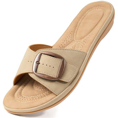 Ecetana Flat Sandals for Women Slip On Leather Slide Sandals Open Toe Beach Sandals for Summer