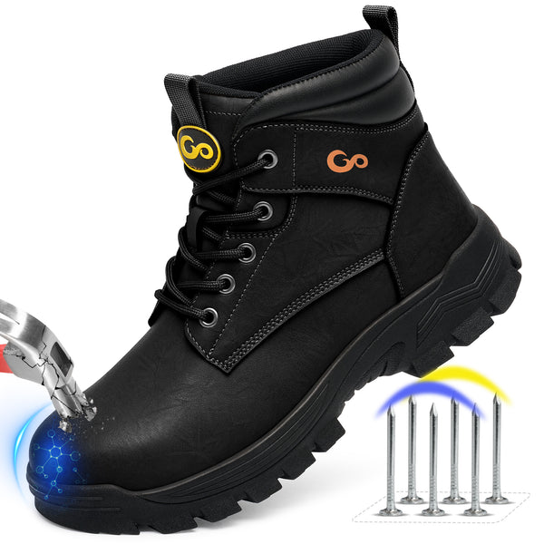 MeMoride Men's Steel Toe Shoes Work Boots Leather Slip-Resistant Industrial Safety Boots