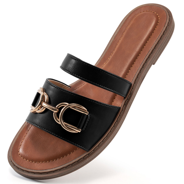 Ecetana Women's Dressy Flat Sandals Slip On Leather Slide Sandals for Women
