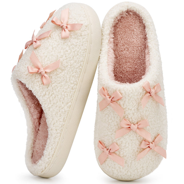 Ecetana House Slippers for Women Fluffy Fuzzy Slippers Non-Slip Home Shoes with Bows