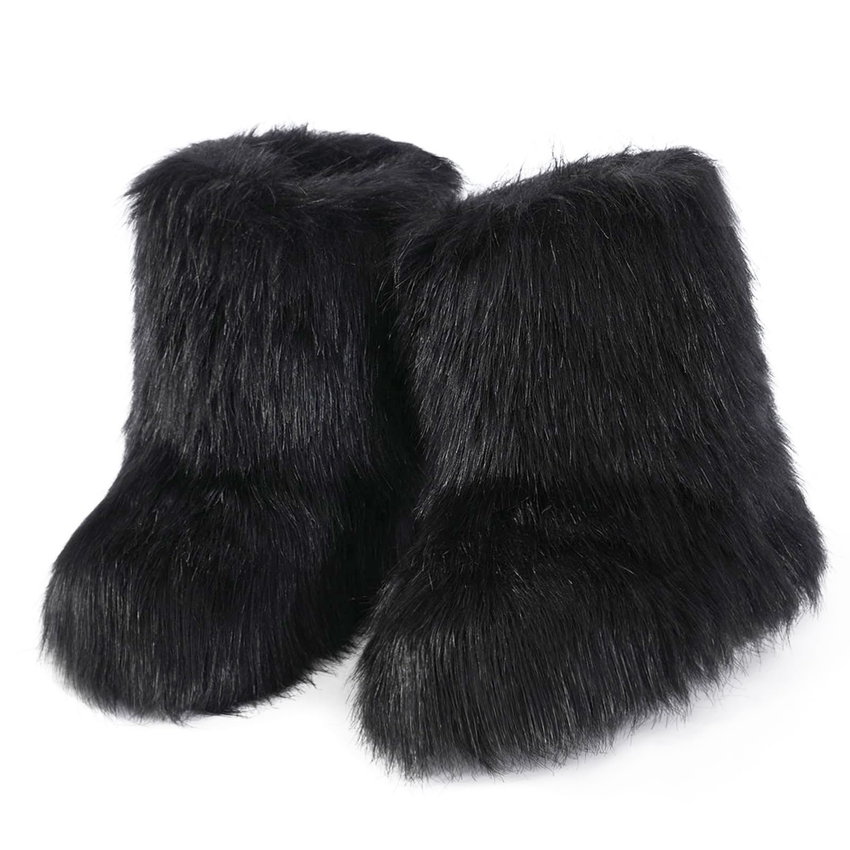 Ecetana Womens Faux Fur Boot Winter Warm Fluffy Long Furry Boots Mid-Calf Snow Boots