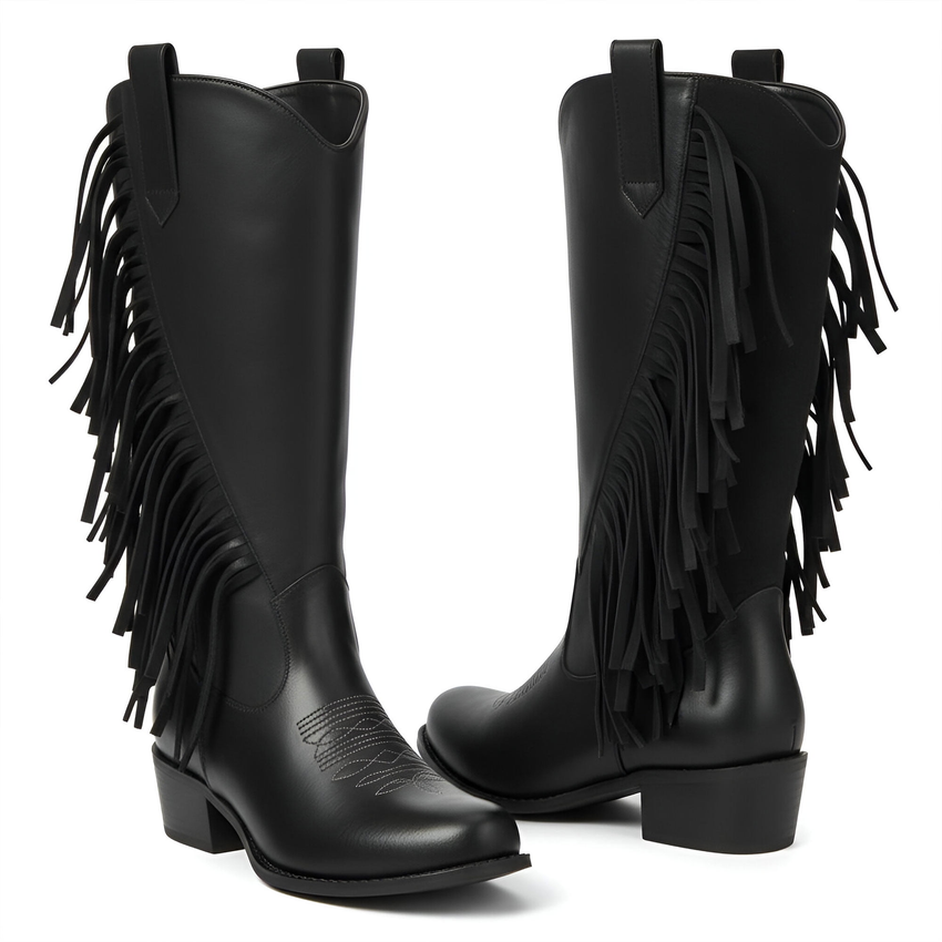 Ecetana Womens Cowboy Boots Chunky Heel Wide Calf Booties Tassel Western Boots for Women