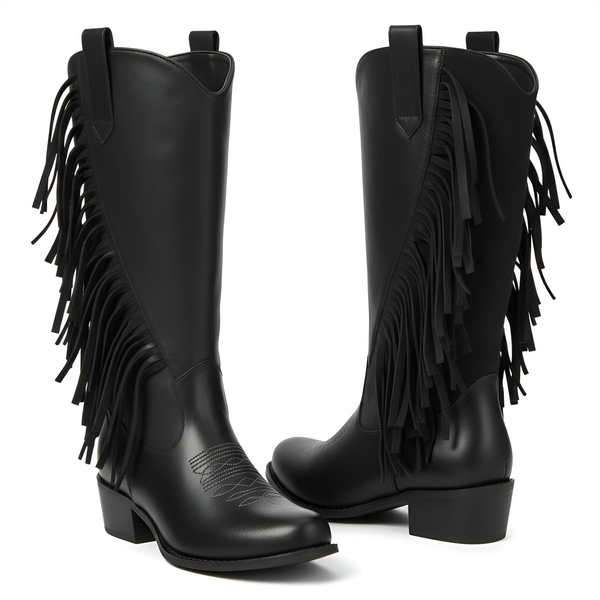 Ecetana Womens Cowboy Boots Chunky Heel Wide Calf Booties Tassel Western Boots for Women