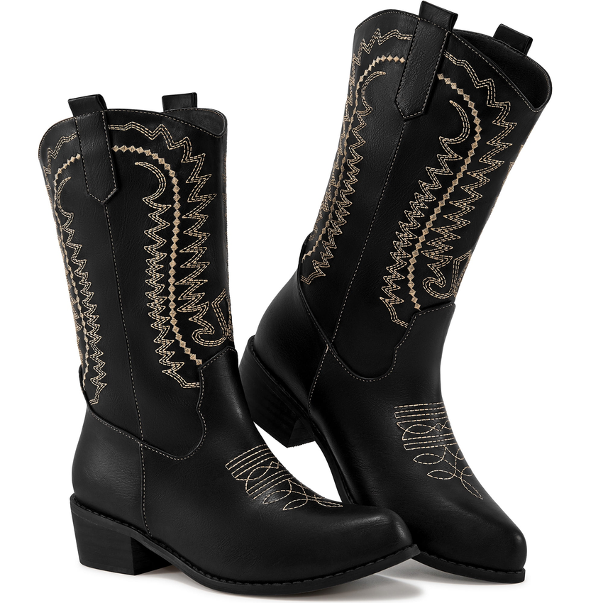 Ecetana Cowboy Boots for Womens Chunky Heel Wide Calf Western Cowgirl Boots