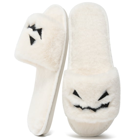 Ecetana Spooky Slides Halloween Slippers Soft Plush Cozy Open Toe Indoor Outdoor Fuzzy Slippers Gifts For Girls Women