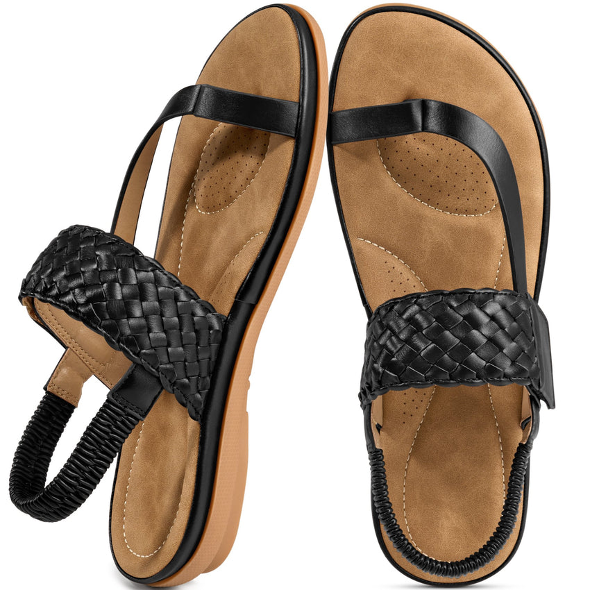 Ecetana Sandals for Women Woven Flat Sandals with Elasticity Ankle Strap Comfortable Pinch Toe Casual Sandals