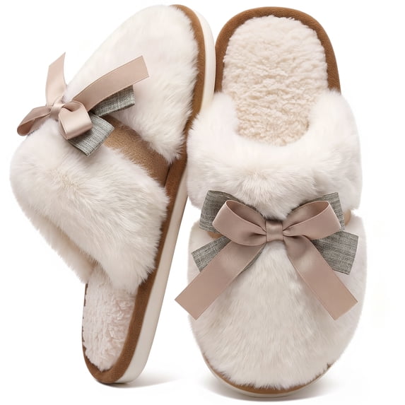 Ecetana Women's Fuzzy Bow Slippers Faux Fur Memory Foam Slip-Resistant House Shoes