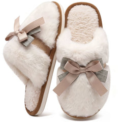 Ecetana Women's Fuzzy Bow Slippers Faux Fur Memory Foam Slip-Resistant House Shoes