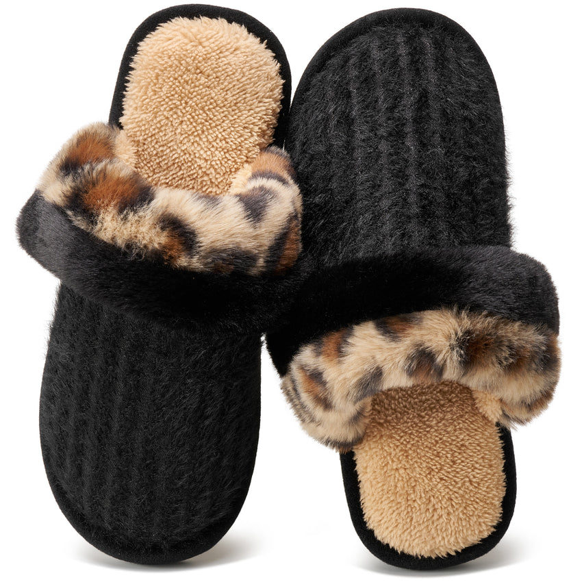 Ecetana Women's Leopard Print Fuzzy Slippers Non-Slip Faux Fur Slip On House Shoes with Memory Foam