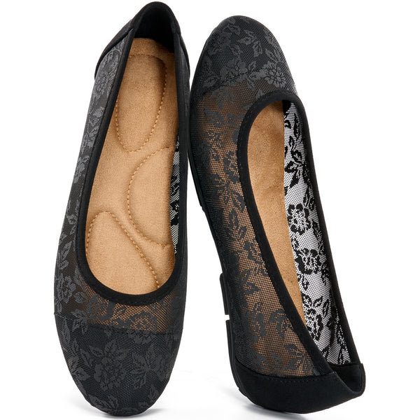 Ecetana Women's Ballet Flats Round Toe Floral Lace Flats with Elastic Strap Casual Dressy Shoes