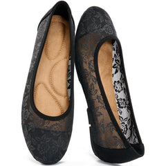 Ecetana Women's Ballet Flats Round Toe Floral Lace Flats with Elastic Strap Casual Dressy Shoes