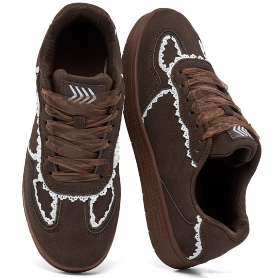 Ecetana Women's Retro Lace-Trim Sneakers Faux-Suede Casual Walking Shoes with Soft Rubber Sole