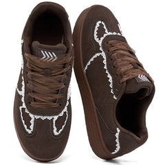 Ecetana Women's Retro Lace-Trim Sneakers Faux-Suede Casual Walking Shoes with Soft Rubber Sole