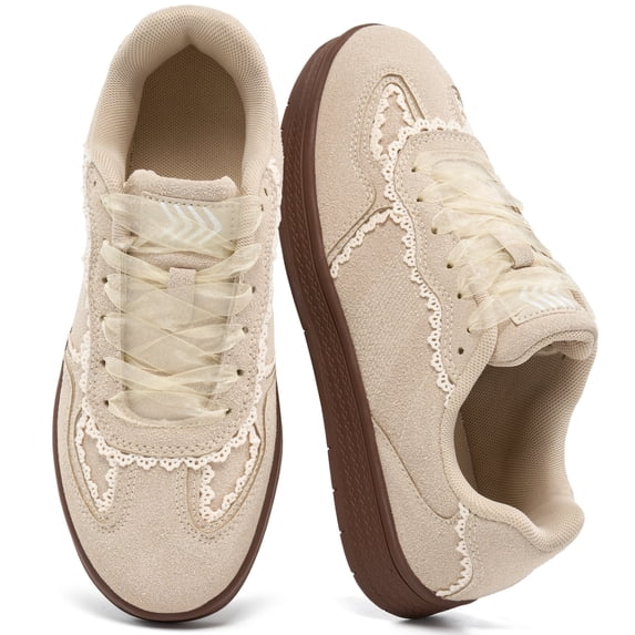 Ecetana Women's Retro Lace-Trim Sneakers Faux-Suede Casual Walking Shoes with Soft Rubber Sole