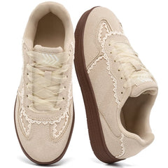 Ecetana Women's Retro Lace-Trim Sneakers Faux-Suede Casual Walking Shoes with Soft Rubber Sole