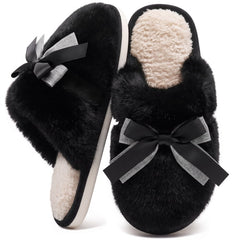 Ecetana Women's Fuzzy Bow Slippers Faux Fur Memory Foam Slip-Resistant House Shoes