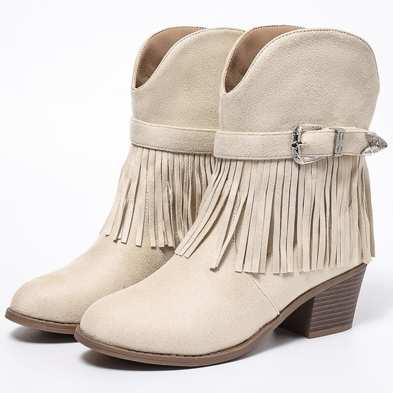 Ecetana Cowboy Boots for Women Mid Calf Cowgirl Boots with Fringe Round Toe Western Boot Chunky Low Heel Shoes