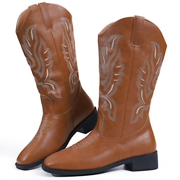 Ecetana Cowboy Boots for Women Wide Calf Square Toe Embroidered Western Cowgirl Boots