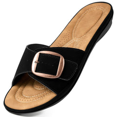 Ecetana Flat Sandals for Women Slip On Leather Slide Sandals Open Toe Beach Sandals for Summer