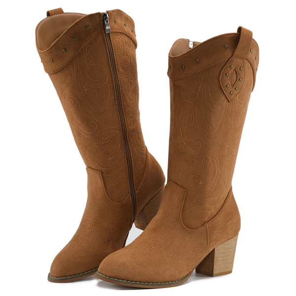 Ecetana Cowboy Boots For Women Mid Calf Cowgirl Boots Embroidered Western Boots With Chunky Heel