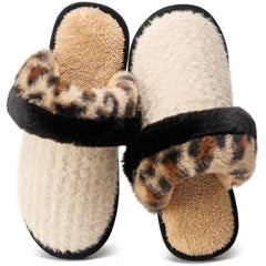 Ecetana Women's Leopard Print Fuzzy Slippers Non-Slip Faux Fur Slip On House Shoes with Memory Foam