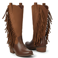 Ecetana Womens Cowboy Boots Chunky Heel Wide Calf Booties Tassel Western Boots for Women