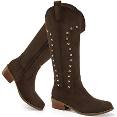 Ecetana Cowboy Boots for Women Western Booties Wide Calf Rivet Chunky Heel Boots