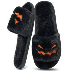 Ecetana Spooky Slides Halloween Slippers Soft Plush Cozy Open Toe Indoor Outdoor Fuzzy Slippers Gifts For Girls Women