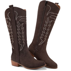Ecetana Cowboy Boots for Women Wide Calf Cowgirl Boots with Classic Embroidered Chunky Heel Western Boots