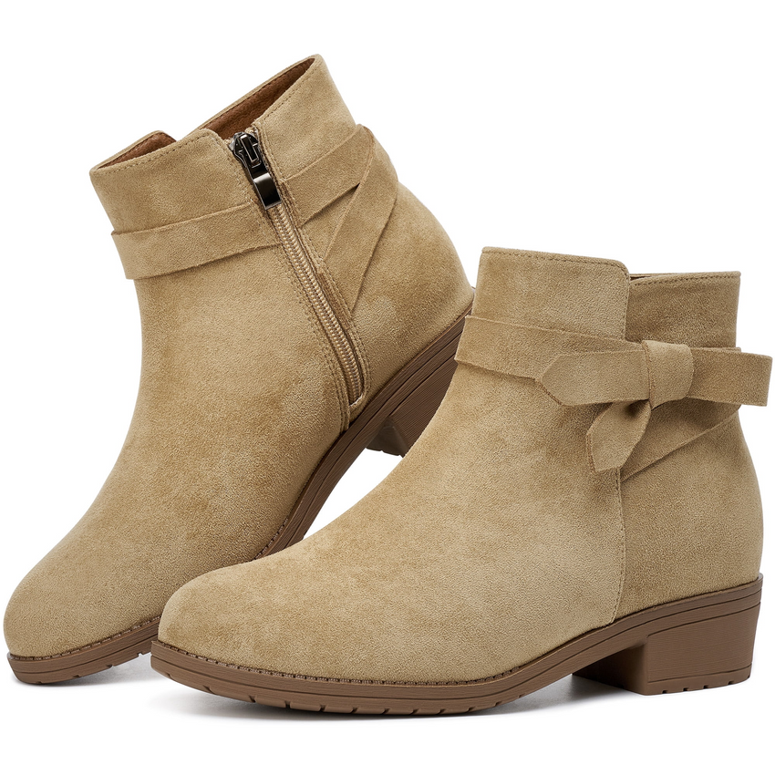 Ecetana Women's Ankle Booties Suede Low Block Heel Casual Short Boots with Side Zipper