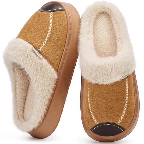 Ecetana Womens House Slippers Suede Fuzzy Slippers Faux Fur Lined Non-Slip Indoor Shoes